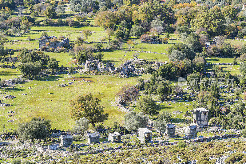 来自Dodurga村的Sidyma古城。Fethiye, Mugla，土耳其。